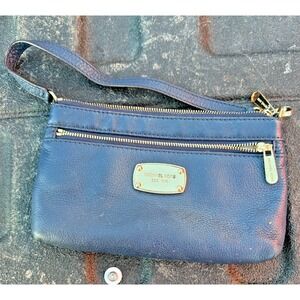 Michael Kors Blue Leather Double Zip Wristlet Clutch Wallet Gold Hardware